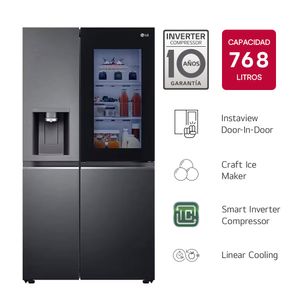 HELADERA SIDE BY SIDE GS77SXTC │ NEGRO │ 768 L │ INSTAVIEW │ SMART INVERTER COMPRESSOR │ CRAFT ICE